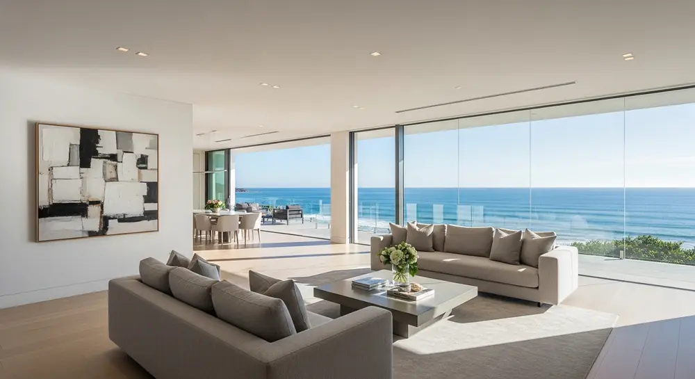 Modern coastal living room overlooking the ocean