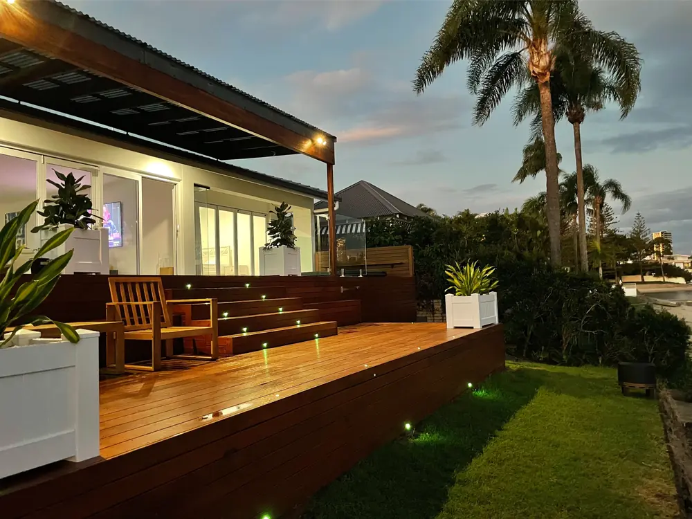 Outdoor deck of a Sunshine Coast home at dusk