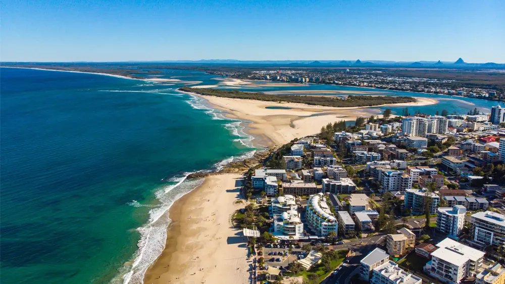 Aerial view of Caloundra beaches and waterways