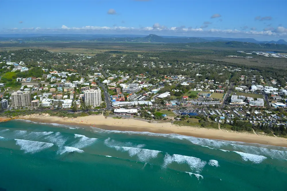 Aerial view of Coolum Beach and surrounding neighbourhoods