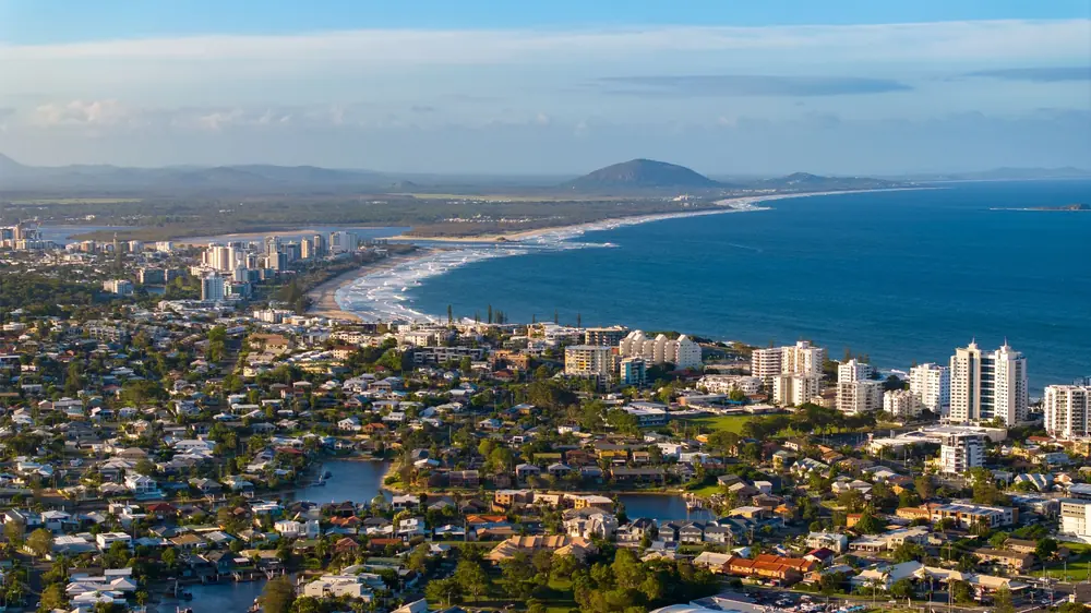 Aerial view of Mooloolaba and the Sunshine Coast shoreline