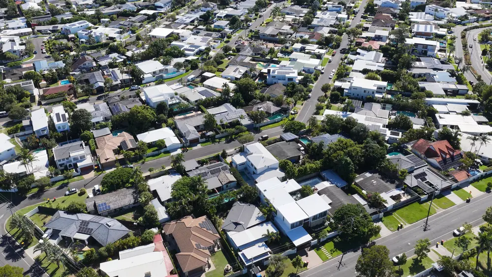 Aerial view across a Sunshine Coast residential neighbourhood